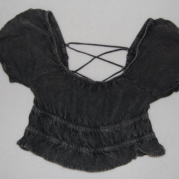 Rebellion Again, Size M, Rayon Crop Top, Strappy Back Off Shoulder, Gray - Picture 7 of 15